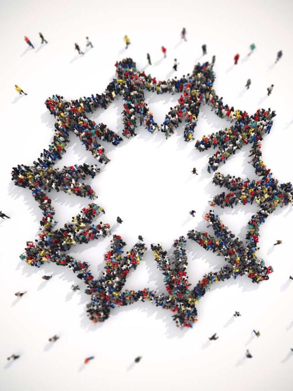 3D Rendering crowd of people that form the symbol of solidarity in the world